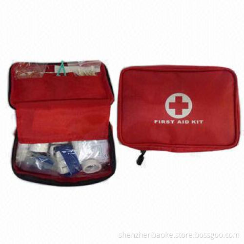 Red nylon first-aid bag for cars with medical items